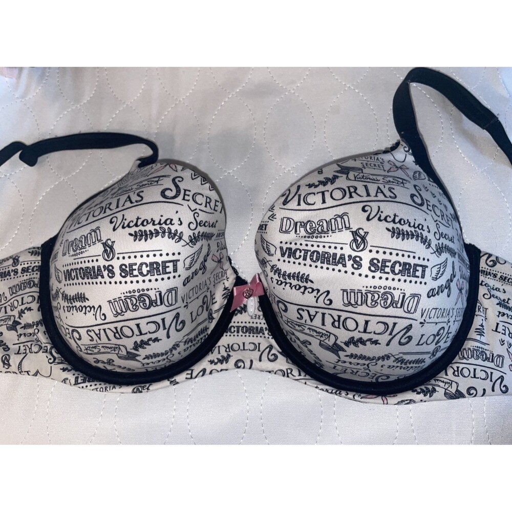 Victoria Secret 34DDD bra Body by Victoria Lined Demi Black white Logo Angel